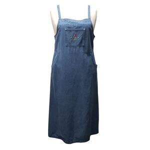 Vintage Denim & Co. Blue Denim Maxi Dress Size L Overall Pockets Farm House Chic